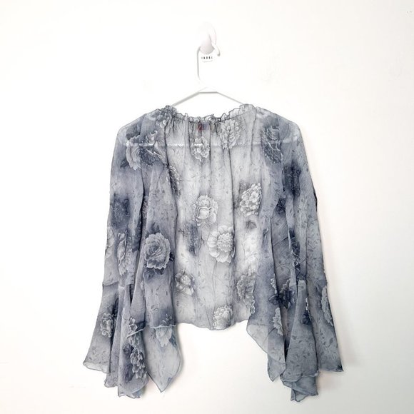 Vintage 80s Blue Floral Sheer Chiffon Cardigan Blouse - Picture 6 of 6